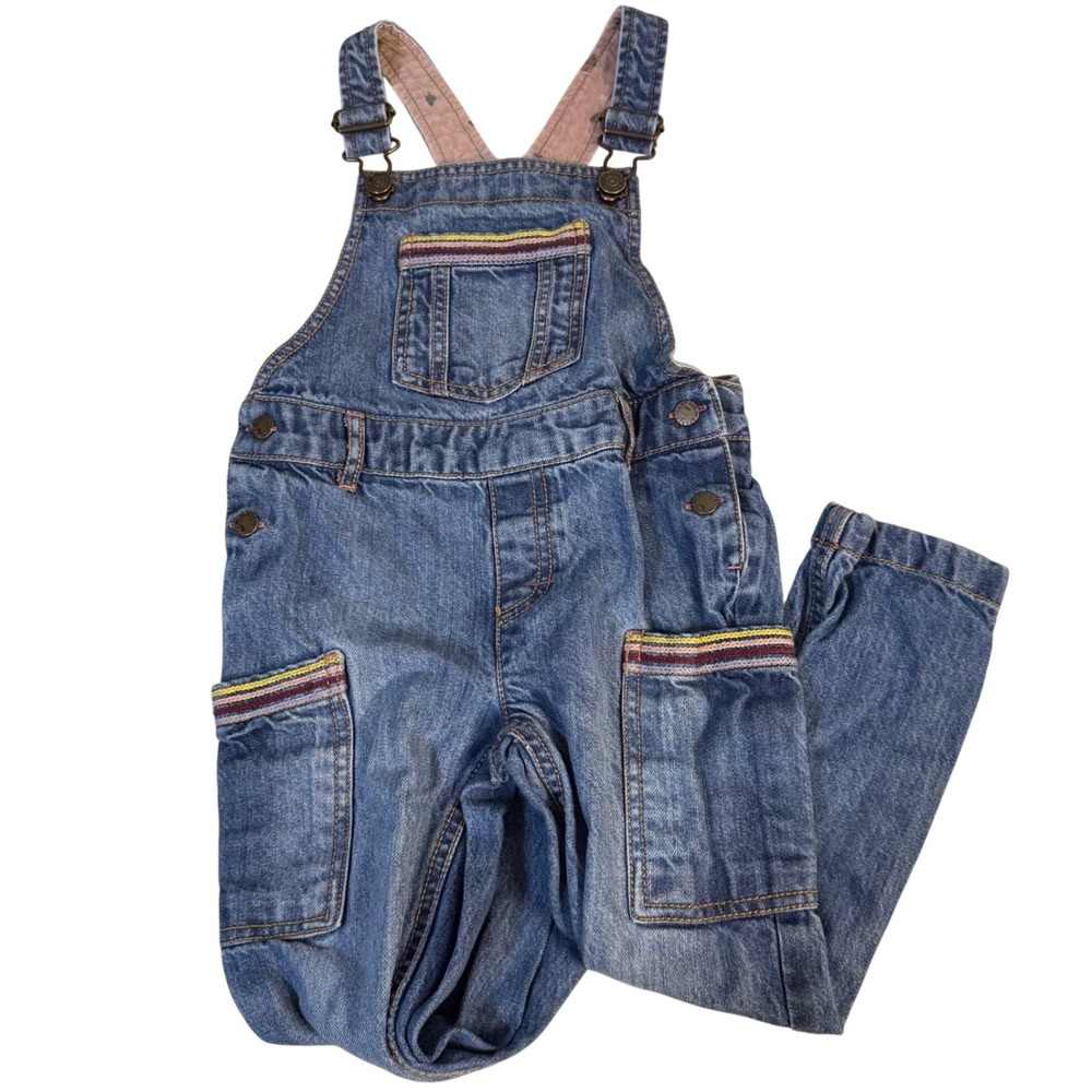 Fatface Rainbow Trim light wash Denim Girls Dungarees Overalls 4T cottagecore